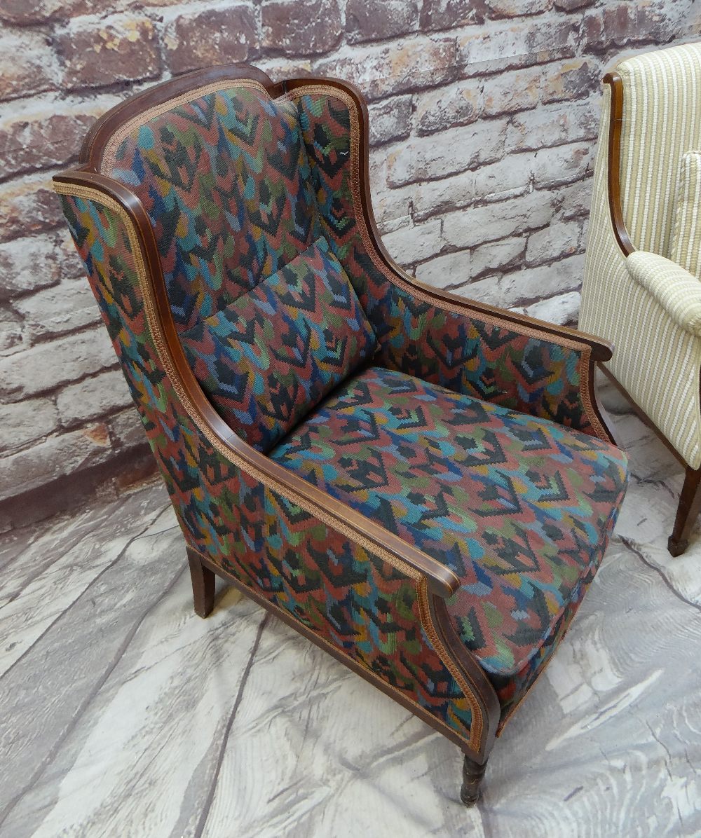 TWO EDWARDIAN MAHOGANY & BOXWOOD STRUNG ARMCHAIRS, one with concealed foldout footstool (2) - Image 5 of 6