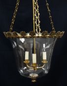 MODERN BRASS & GLASS HALL LANTERN, possibly Vaughan designs, bell form with three lights and