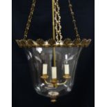 MODERN BRASS & GLASS HALL LANTERN, possibly Vaughan designs, bell form with three lights and