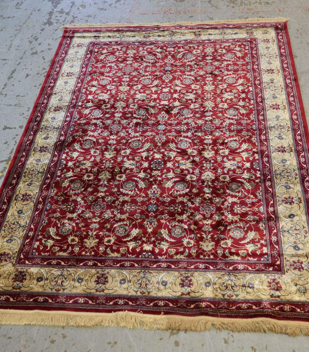 PERSIAN-STYLE 'SILK' RUG, allover red floral scrolling field with tendrils, ivory border, fringe,