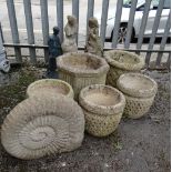 ASSORTED CONCRETE GARDEN ORNAMENTS, including set of three basket weave moulded planters, carved