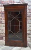 GEORGE III OAK, MAHOGANY & BOXWOOD STRUNG HANGING CORNER CABINET, shaped cornice, inlaid frieze,