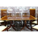 GOOD MODERN REGENCY-STYLE MAHOGANY & SATINWOOD CROSSBANDED TWIN PEDESTAL DINING TABLE & CHAIRS,