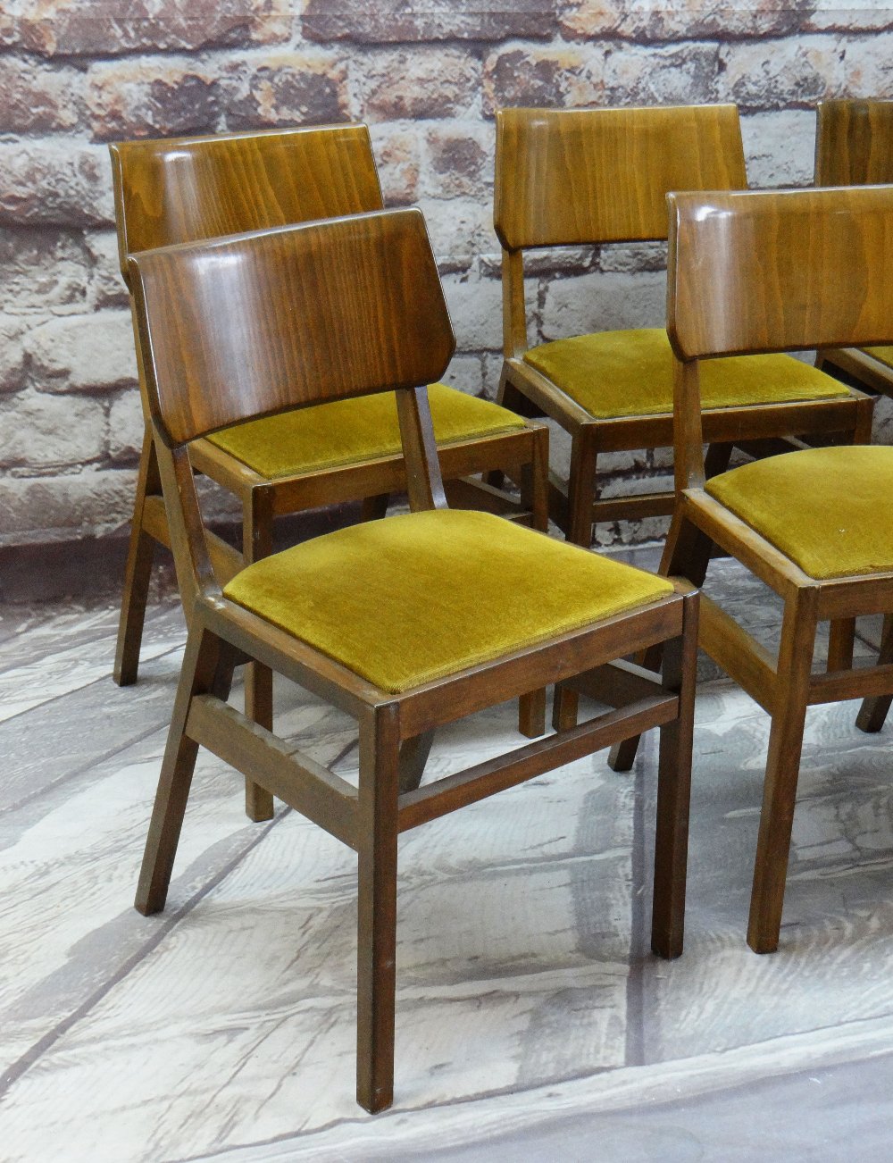 BEN OF FROME: EIGHT MID-CENTURY STAINED BEECH LOUNGE CHAIRS, with bent plywood tablet backs, mustard - Image 4 of 4