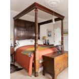 REPRODUCTION GEORGIAN-STYLE MAHOGANY TESTER OR 'FOUR POSTER' BED, dentil canopy above panelled back,