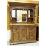 RENAISSANCE-REVIVAL FLEMISH OAK SIDEBOARD, architectural carved mirror-back top with shelves and