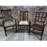 THREE OAK ARMCHAIRS, one with bobbin turned legs, barley-twist stretchers and foliate carved