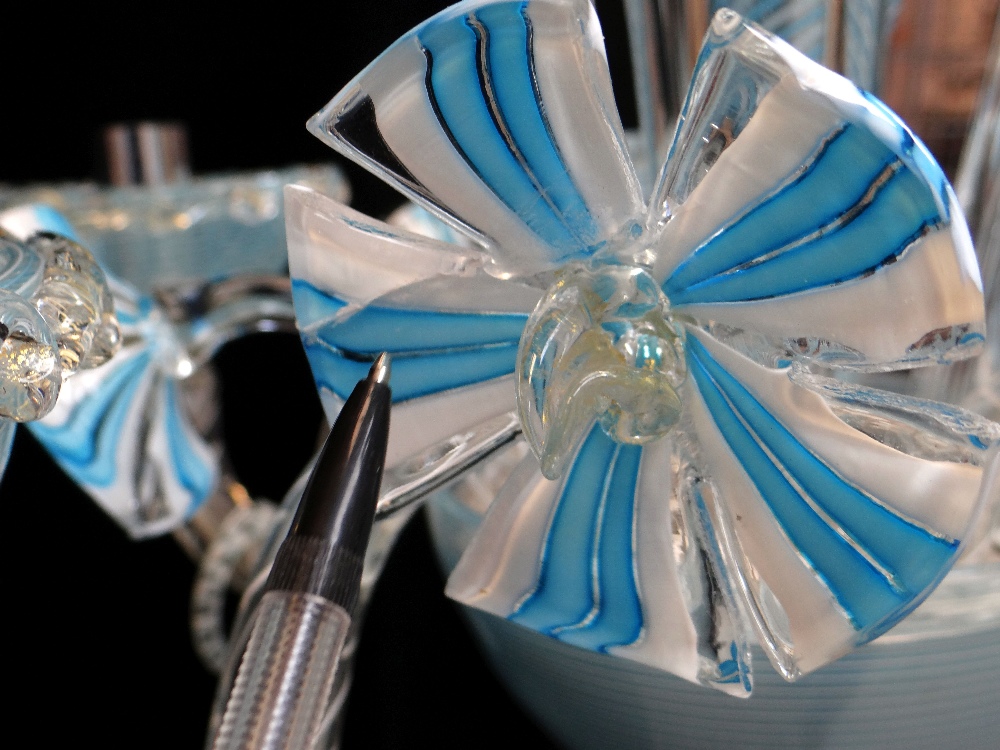 MODERN ITALIAN GLASS FIVE-LIGHT CHANDELIER, probably Murano, latticino blue and opaque white glass - Image 7 of 9