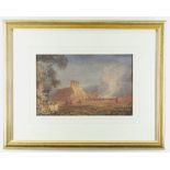CIRCLE OF DAVID COX watercolour - fire beside thatched oast house, bears signature and