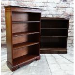 TWO REPRODUCTION MAHOGANY DWARF BOOKCASES, on upright with boxwood stringing, 76 x 29 x 123cms,