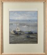 LEONARD BEARD (British, 1942-2007) oil on board - Cardiff Docks, yachts at low tide, inscribed label