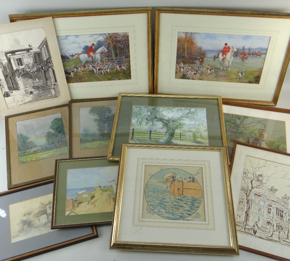 ASSORTED WATERCOLOURS & DRAWINGS, including cartoon of a boy net fishing by G E Shepheard, several