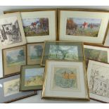 ASSORTED WATERCOLOURS & DRAWINGS, including cartoon of a boy net fishing by G E Shepheard, several