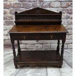 ANTIQUE OAK SIDE TABLE, later shelved back and moulded top, fitted two frieze drawers, scalloped