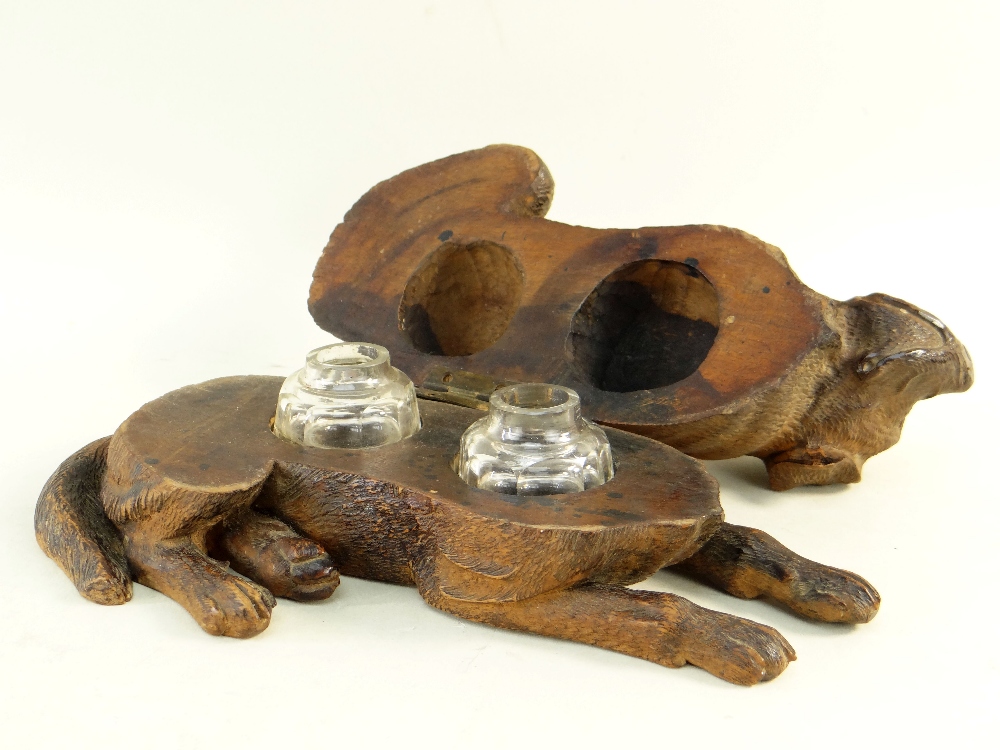 BLACK FOREST CARVED INKSTAND, in the form of a recumbent mastiff hound, hinged lid opening to reveal - Image 2 of 4