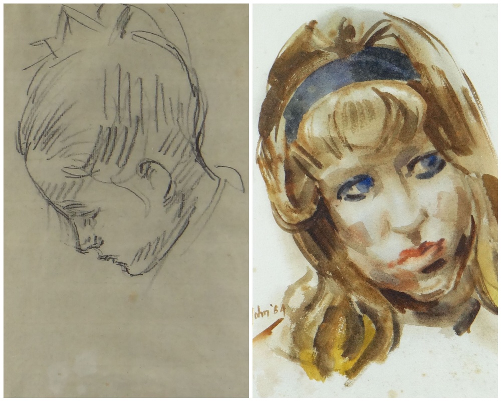 TWO WORKS BY EDWIN JOHN (1905-1978) comprising watercolour of a head of a young woman, signed &