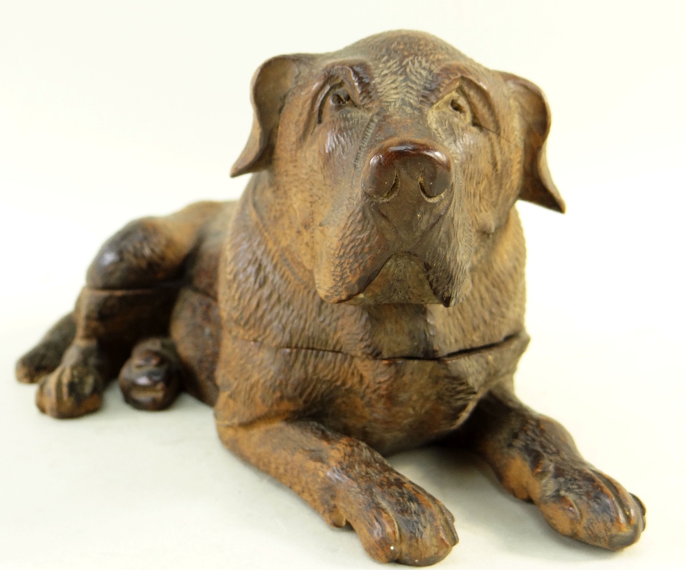 BLACK FOREST CARVED INKSTAND, in the form of a recumbent mastiff hound, hinged lid opening to reveal - Image 4 of 4