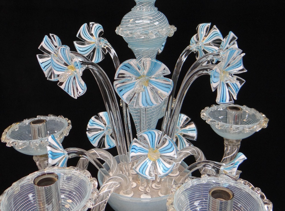 MODERN ITALIAN GLASS FIVE-LIGHT CHANDELIER, probably Murano, latticino blue and opaque white glass - Image 9 of 9