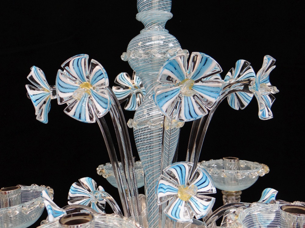 MODERN ITALIAN GLASS FIVE-LIGHT CHANDELIER, probably Murano, latticino blue and opaque white glass - Image 2 of 9