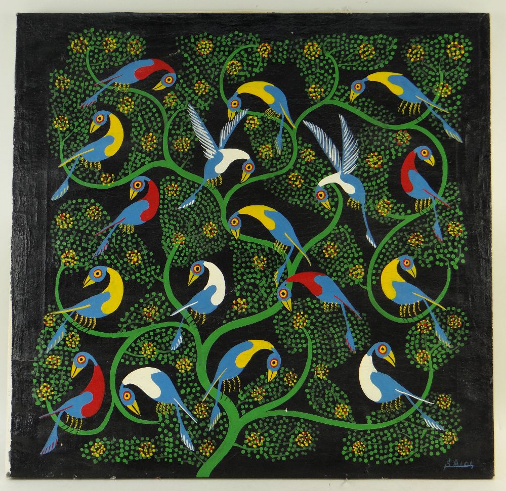 TINGATINGA SCHOOL acrylic on canvas - Birds in Branches, bears signature 'Saidi', 57 x 59cms