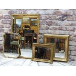 FOUR ASSORTED DECORATIVE MIRRORS, three with rectangular frames, one with shaped shell moulded