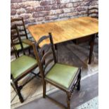 ANTIQUE OAK DROP FLAP TABLE & SET DINING CHAIRS, table with gateleg action, 165 x 98cms; the six