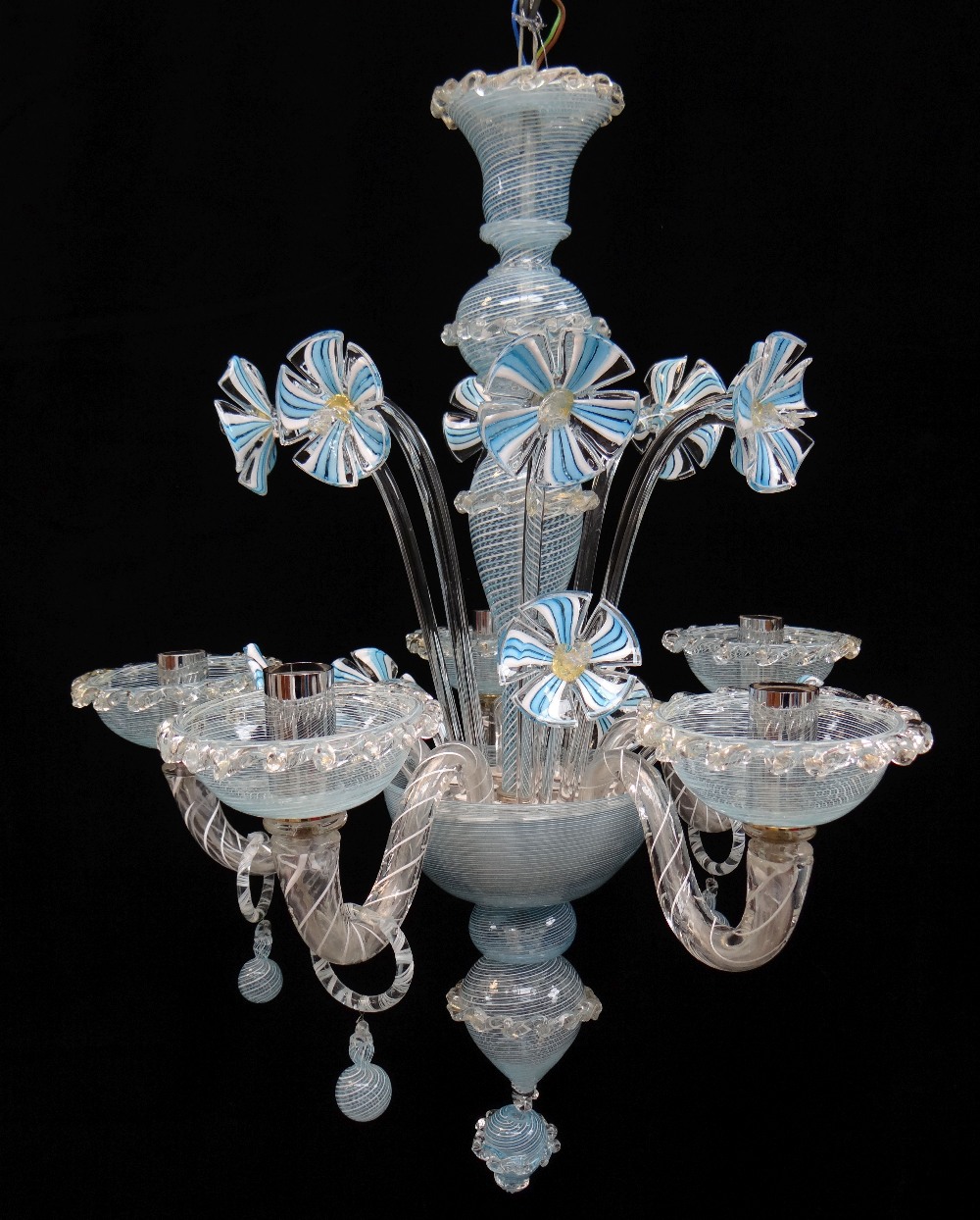 MODERN ITALIAN GLASS FIVE-LIGHT CHANDELIER, probably Murano, latticino blue and opaque white glass - Image 8 of 9