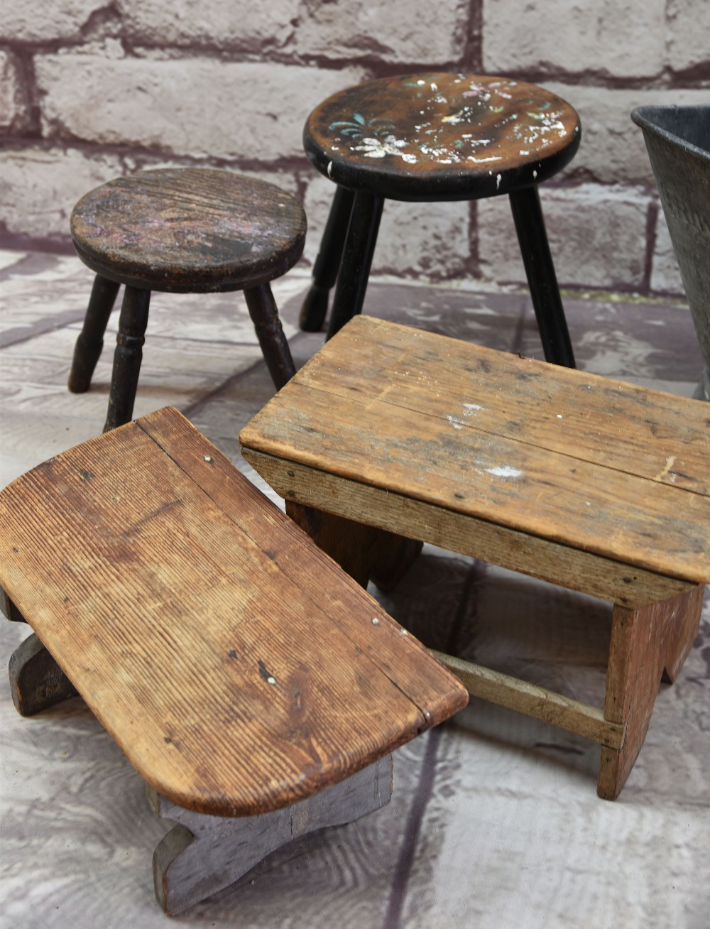 VINTAGE METAL COAL SCUTTLE & FOUR ASSORTED 'MILKING STOOLS' (5) - Image 2 of 3