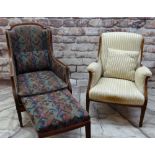 TWO EDWARDIAN MAHOGANY & BOXWOOD STRUNG ARMCHAIRS, one with concealed foldout footstool (2)