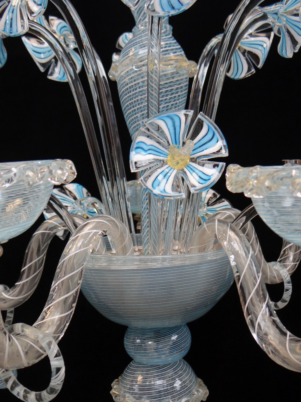 MODERN ITALIAN GLASS FIVE-LIGHT CHANDELIER, probably Murano, latticino blue and opaque white glass - Image 4 of 9