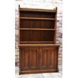 VICTORIAN GOTHIC REVIVAL OAK BOOKCASE ON A BASE, ebony dot-inlaid arcaded top with trefoil finals,