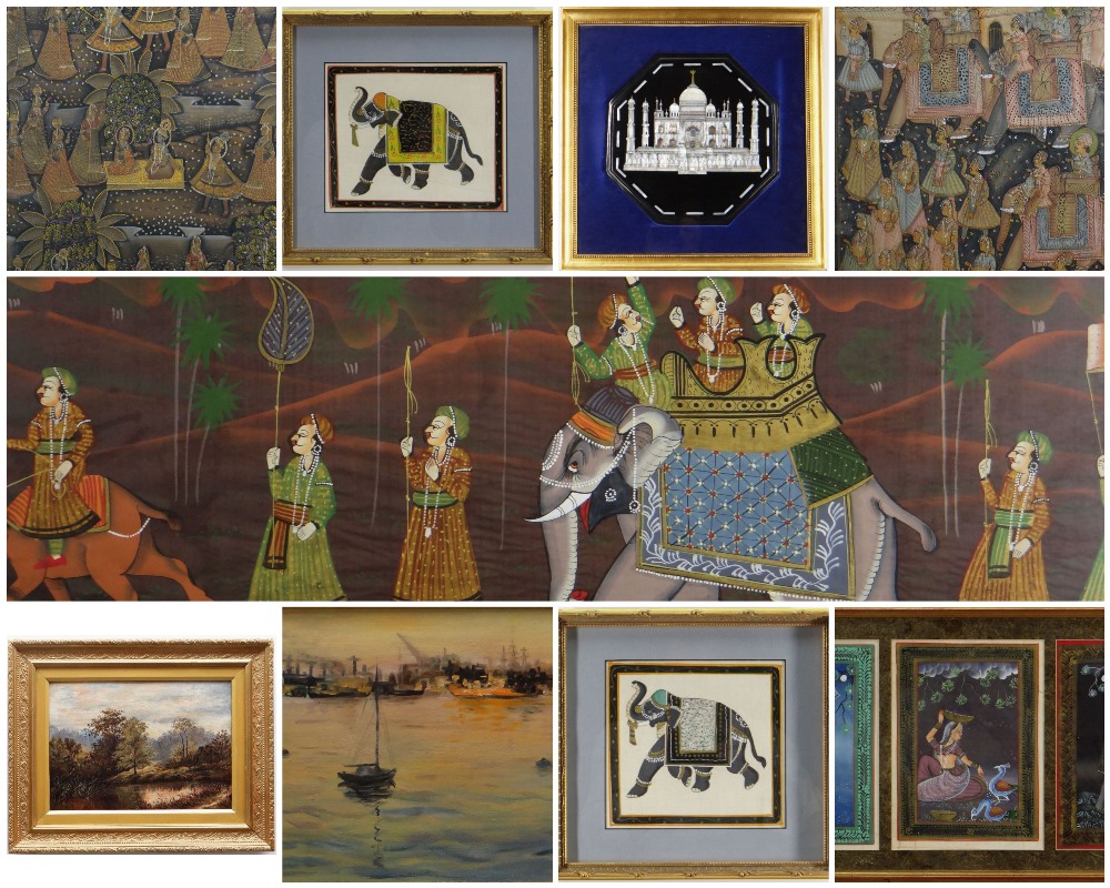 ASSORTED MODERN MUGHAL SCHOOL & OTHER PAINTINGS, comprising six gouache on linen - depicting