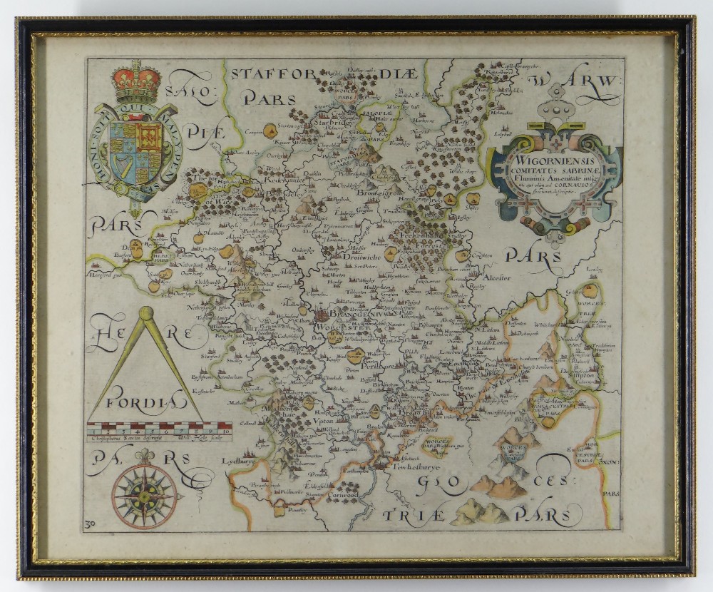 CHRISTOPHER SAXTON & WILLIAM HOLE antiquarian coloured map of Worcestershire from Camden's