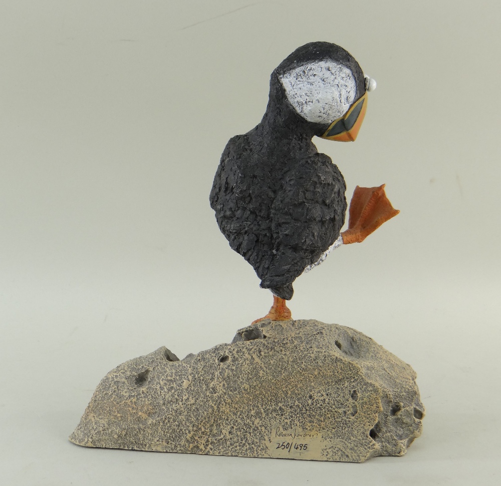REBECCA LARDNER limited edition (250/495) cold cast sculpture - 'Rock Star', puffin on a rock, 26. - Image 3 of 4