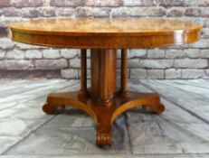 IMPRESSIVE GEORGE IV BURR ELM BREAKFAST TABLE, circular top above shallow recessed frieze, on