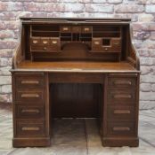 VINTAGE AMERICAN-STYLE OAK TAMBOUR BUREAU, fitted interior of pigeon holes, shelves and drawers,