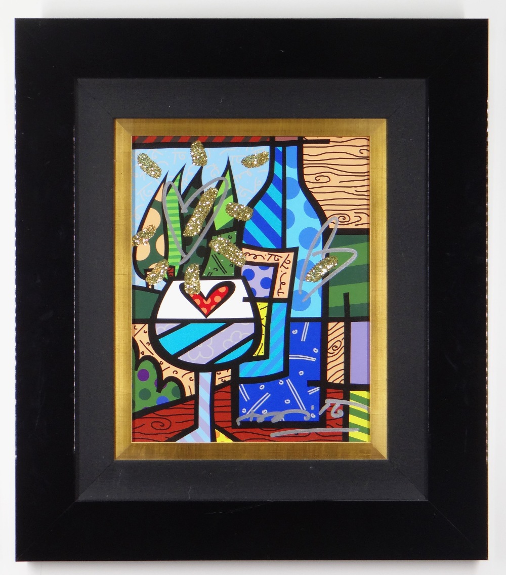 ROMERO BRITTO diamond dust and oil pen on digital canvas print - entitled 'Love Wine', signed,