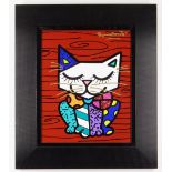 ROMERO BRITTO acrylic paint and oil pen on digital print canvas - entitled 'Little Cat', signed,