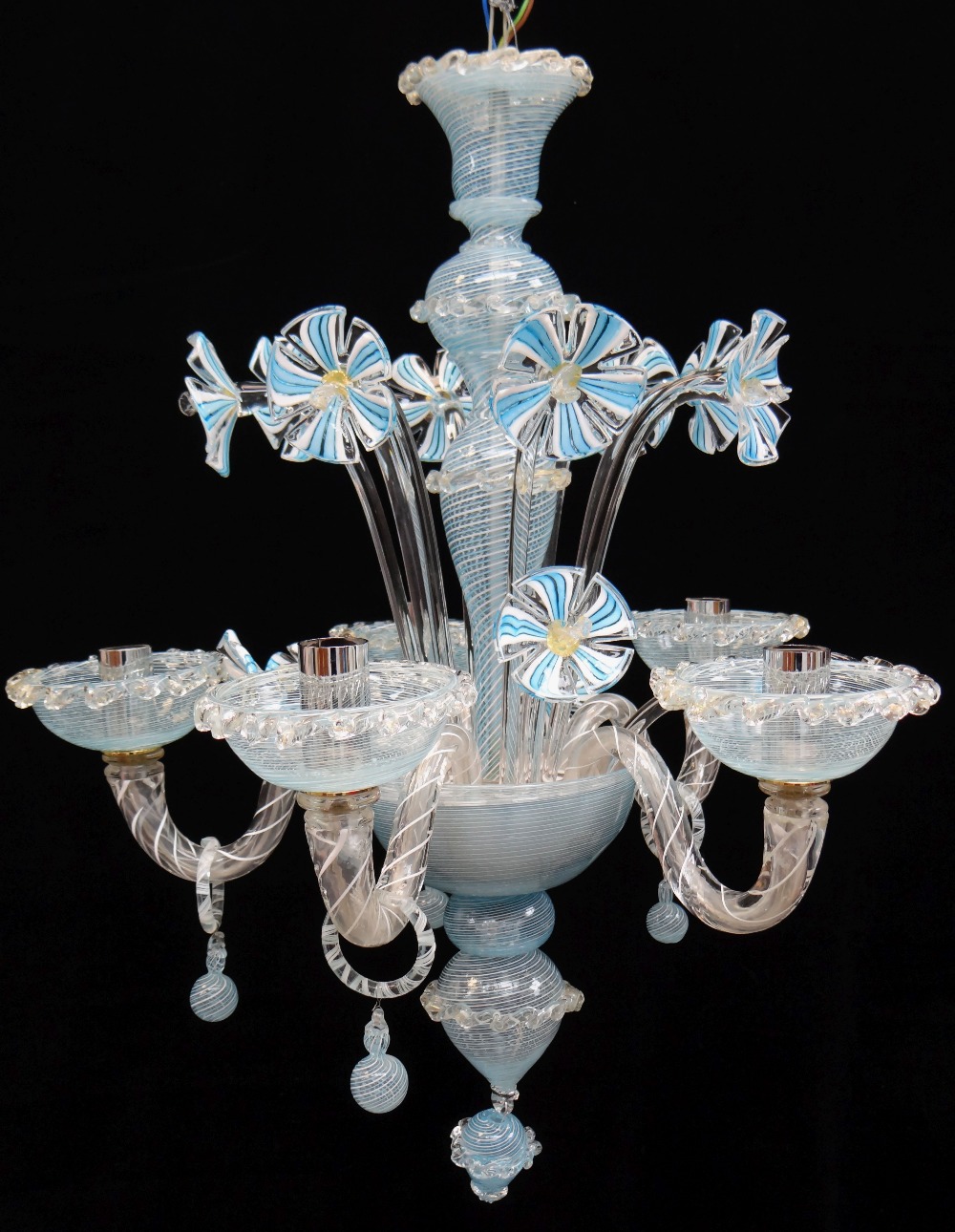 MODERN ITALIAN GLASS FIVE-LIGHT CHANDELIER, probably Murano, latticino blue...