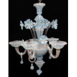 MODERN ITALIAN GLASS FIVE-LIGHT CHANDELIER, probably Murano, latticino blue and opaque white glass