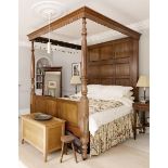 REPRODUCTION GEORGIAN-STYLE MAHOGANY TESTER OR 'FOUR POSTER' BED, dentil canopy above panelled