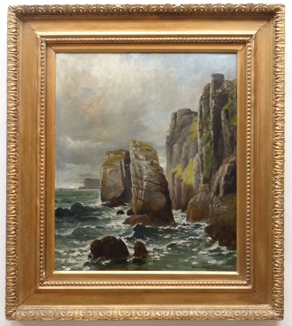 WALTER GODDARD (Welsh, 1858-1933) oils on canvas - rocky coastal seascape, signed and dated 1905, 60 - Image 2 of 7