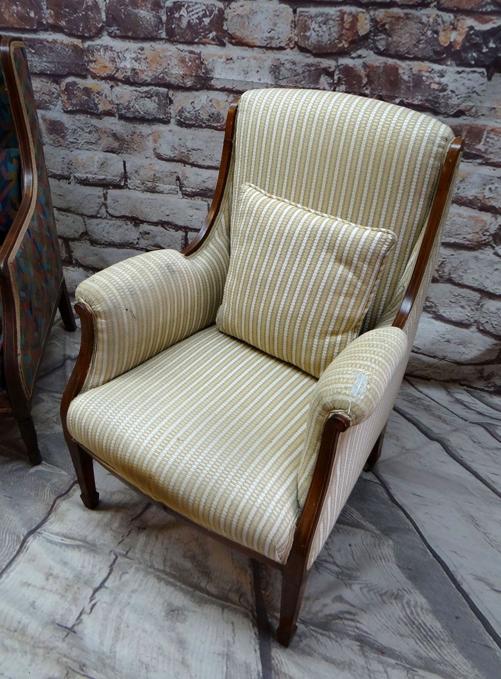 TWO EDWARDIAN MAHOGANY & BOXWOOD STRUNG ARMCHAIRS, one with concealed foldout footstool (2) - Image 3 of 6