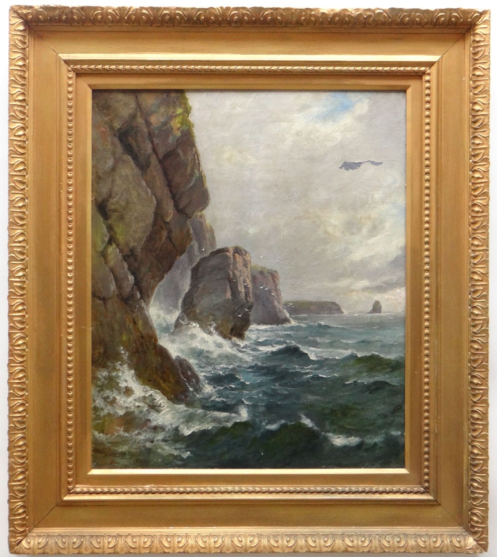 WALTER GODDARD (Welsh, 1858-1933) oils on canvas - rocky coastal seascape, signed and dated 1905, 60 - Image 5 of 7