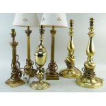 ASSORTED TABLE LAMPS, including set of three and a pair of candlestick lamps, and a single, all gilt