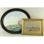 TWO PAINTINGS DEPICTING SWANSEA comprising oval watercolour depicting ships and Mumbles