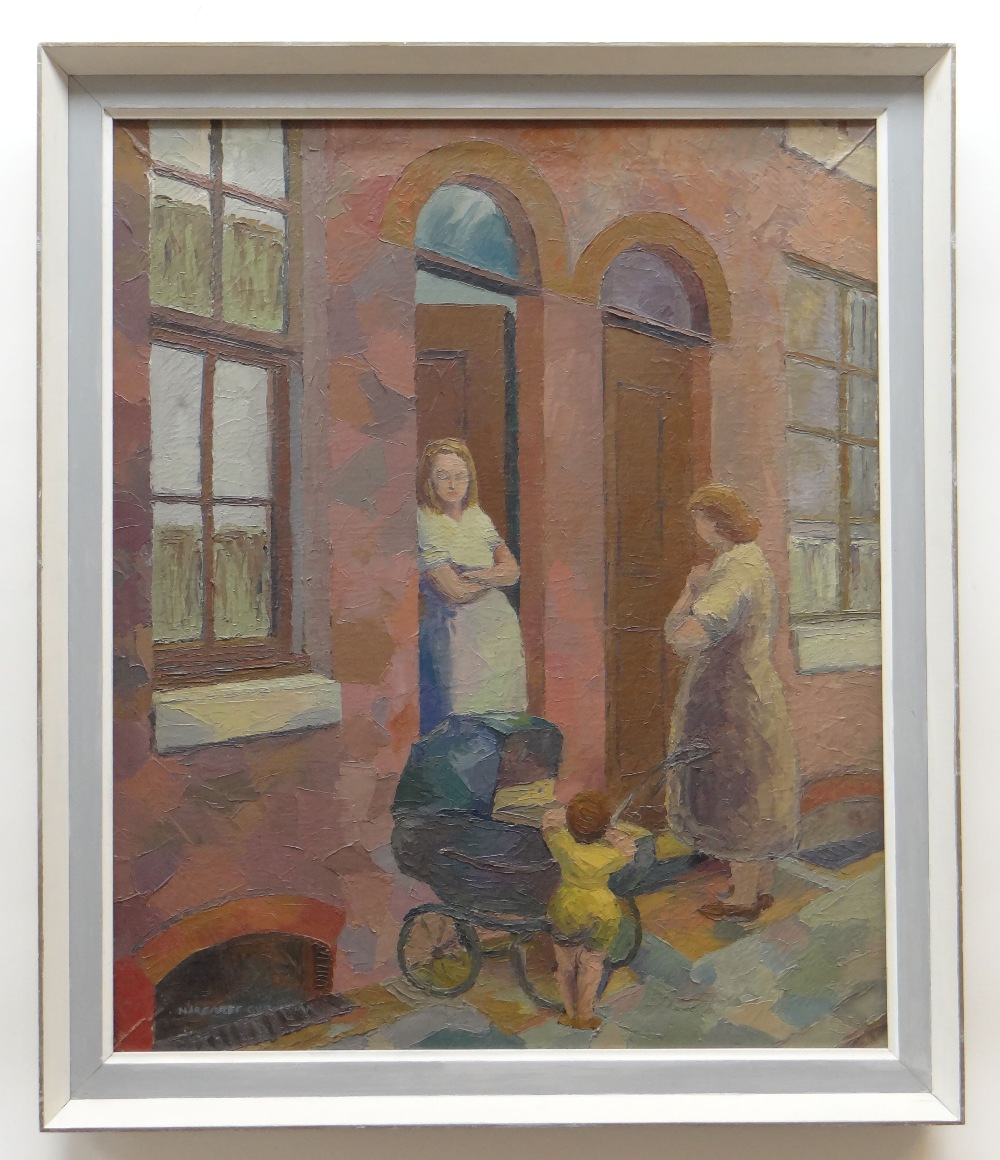 MARGARET GUMUCHIAN (1927-1996) oil on canvas - street scene with ladies conversing beside child