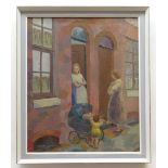 MARGARET GUMUCHIAN (1927-1996) oil on canvas - street scene with ladies conversing beside child
