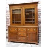 19TH CENTURY OAK GLAZED DRESSER, shallow cornice, square astragal glazed doors, fixed shelves, on