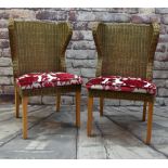 PAIR OF MODERN INDONESIAN WOVEN CANE CONSERVATORY CHAIRS, with red floral loose cushions (2)